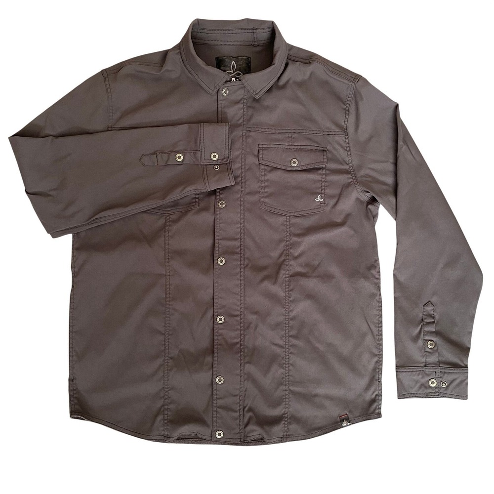 Prana Mens Shirt Jacket‎ XL Gray Full Zip Snap Front Long Sleeve Nylon Spandex